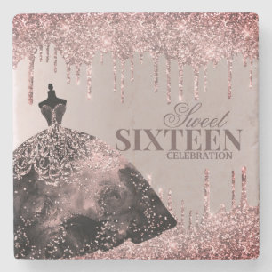 Posavasos De Piedra Rosa Purpurina con traje de  de oro con gafas de c