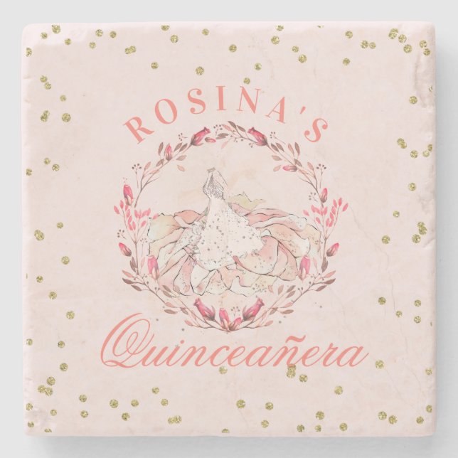 Posavasos De Piedra Rosa Quinceañera: Favores de la celebración rosada (Anverso)