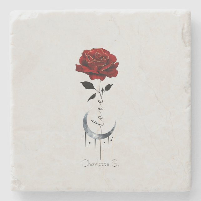 Posavasos De Piedra Rosa roja gótica y luna creciente con amor (Anverso)
