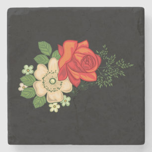 Posavasos De Piedra Rosa Roja y Margaritas Fondo Negro