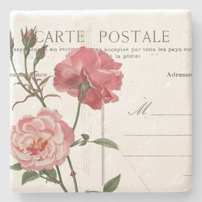 Posavasos De Piedra Rosa rosa rosa de postal francesa de época (Anverso)