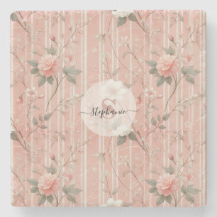 Posavasos De Piedra Rosa rosa vintage con fondo rosado a rayas