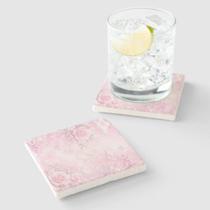 Posavasos De Piedra Rosa Soñador Flor de Rosa Perlas Lazos Destellos