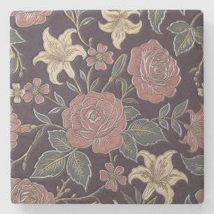 Posavasos De Piedra Rosa Vintage y Flor de Lis en Elegancia de Ciruela
