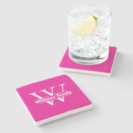 Posavasos De Piedra Rosa y Blanco | Monograma Simple de Apellido Famil