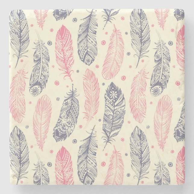 Posavasos De Piedra Rosa y modelo étnico púrpura de la pluma (Anverso)