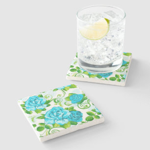 Posavasos De Piedra Rosas azules fondo blanco