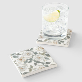 Posavasos De Piedra Rosas de jardín | Floral vintage acuarela blanca