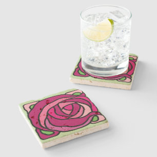 Posavasos De Piedra Rosas de la cosecha Patrón floral rosa y verde