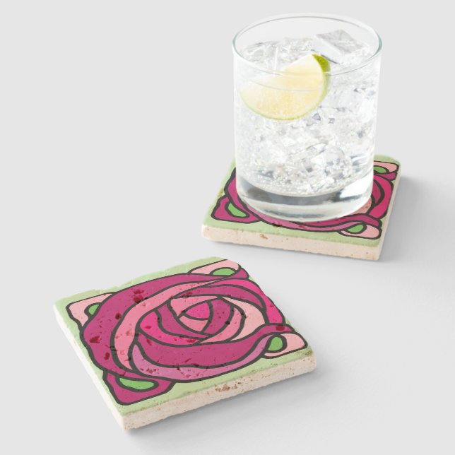 Posavasos De Piedra Rosas de la cosecha Patrón floral rosa y verde (Lateral)