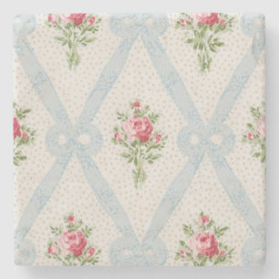 Posavasos De Piedra Rosas de Victoria Rosa con Entramado Azul
