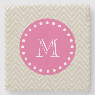Posavasos De Piedra Rosas fuertes, Chevron beige el   su monograma