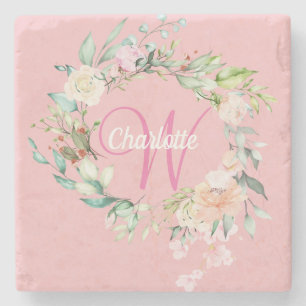 Posavasos De Piedra Rosas Iniciales de Flor Script Monograma Rosa