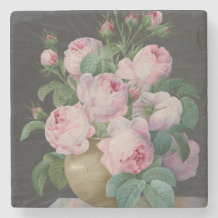 Posavasos De Piedra Rosas rosadas en un jarrón – Pierre Joseph Redouté