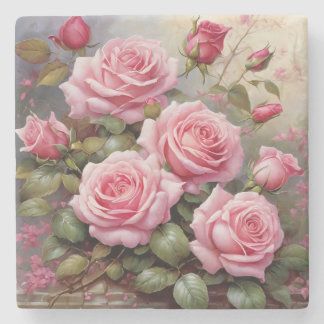 Posavasos De Piedra Rosas Rosadas Vintage