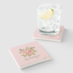 Posavasos De Piedra Rosas rosadas vintage personalizadas