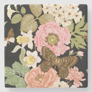 Posavasos De Piedra Rosas Vintage Peonies: Patrón floral negro