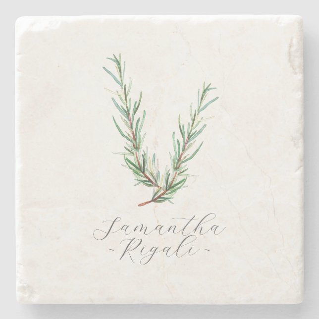 Posavasos De Piedra Rosemario de acuarela de favoritos personalizados (Anverso)