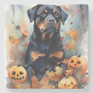 Posavasos De Piedra Rottweiler de Halloween con calabazas espantoso