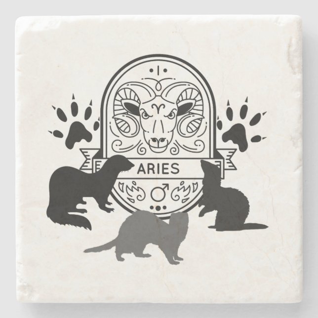 Posavasos De Piedra Rótulo zodiaco y Mascotas coincidentes. Aries.Ferr (Anverso)