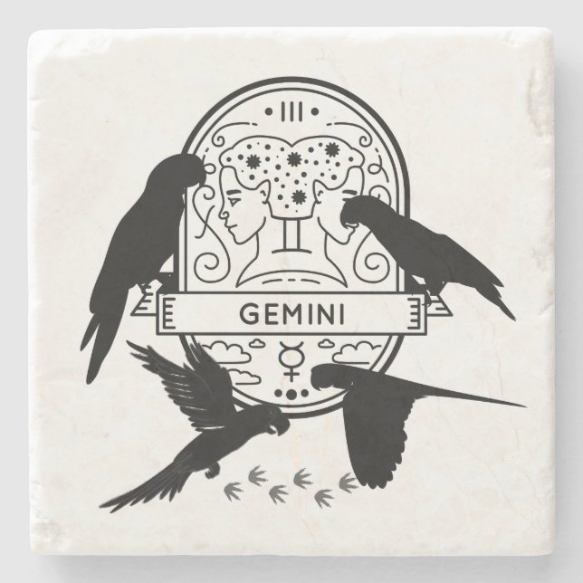 Posavasos De Piedra Rótulo zodiaco y Mascotas coincidentes. Gemini - P (Anverso)