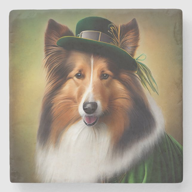 Posavasos De Piedra Rough Collie Dog in St. Patrick's Day Vress (Anverso)