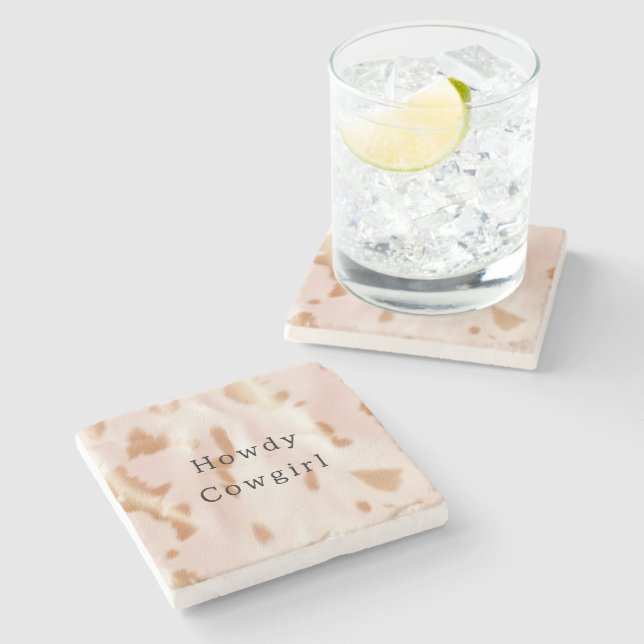 Posavasos De Piedra Rubor Pink Tan Southwest Faux Cowgirl Piel de vaca (Lateral)