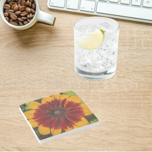 Posavasos De Piedra Rudbeckia floral amarilla y bronce