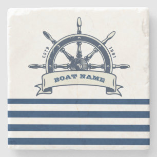 Posavasos De Piedra Rueda de barco náutica, rayas blancas y azul marin