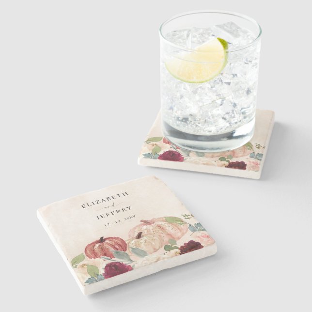 Posavasos De Piedra Rustic Modern Pumpkins Country Fall Wedding (Lateral)