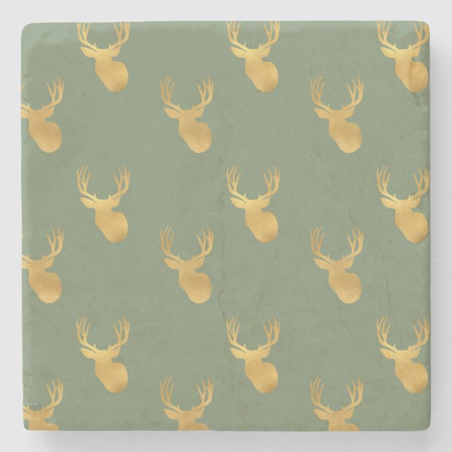 Posavasos De Piedra Rustic Olive Green Gold Deer Christmas (Anverso)