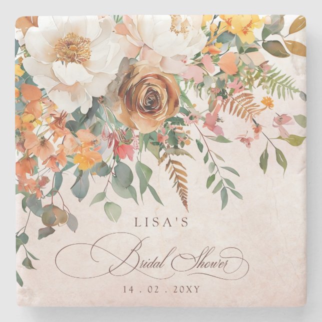 Posavasos De Piedra Rustic Orange Floral Fall Bridal Shower  (Anverso)