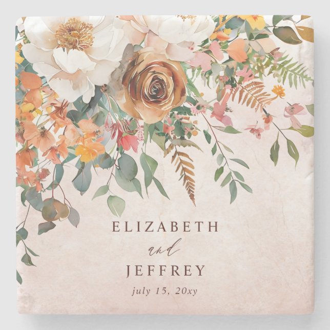 Posavasos De Piedra Rustic Orange Floral Fall Wedding (Anverso)
