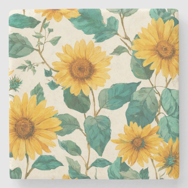 Posavasos De Piedra Rustic Sunflower Watercolor Floral Farmhouse (Anverso)