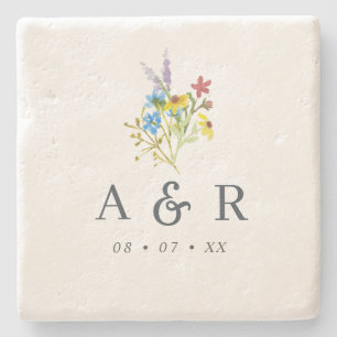 Posavasos De Piedra Rustic Wildflowers Wedding Monogram