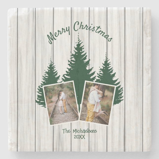 Posavasos De Piedra Rustic Woodland Christmas Photo (Anverso)