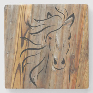 Posavasos De Piedra Rústica mirada de madera - Cabeza de caballo salva