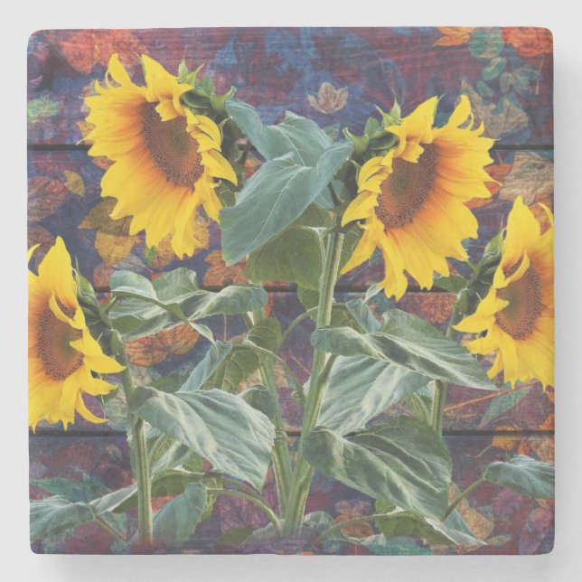 Posavasos De Piedra Rústicas hojas otoñales y girasoles (Anverso)