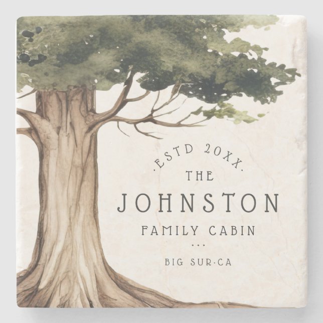 Posavasos De Piedra Rústico Nombre Familia Cabina Árbol Forestal de Ac (Anverso)