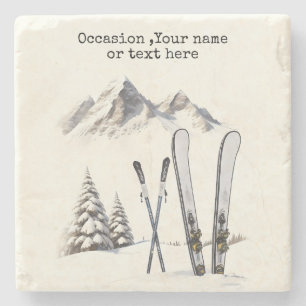 Posavasos De Piedra Rústico Watercolor Ski Snow Tree Mountain Winter