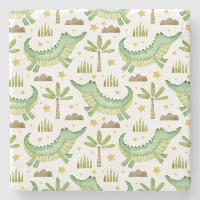 Posavasos De Piedra Safari africano: Cocodrilo acuarela y palmeras (Anverso)