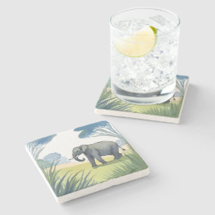 Posavasos De Piedra Safari de Elefantes Acuarela de Naturaleza Herm