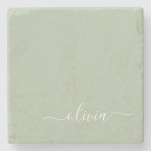 Posavasos De Piedra Sage Green Minimalista Moderno Monograma elegante