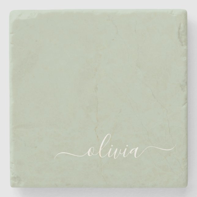 Posavasos De Piedra Sage Green Minimalista Moderno Monograma elegante (Anverso)