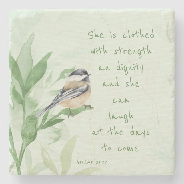 Posavasos De Piedra Salmo 31:25 Está vestida con Escritura de Fuerza (Anverso)