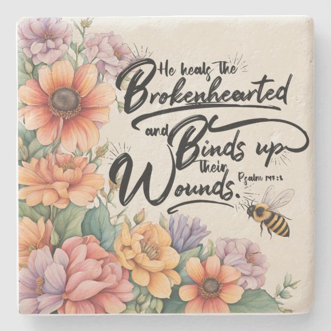 Posavasos De Piedra Salmos 147:3 Biblia cristiana Verse Image (Anverso)