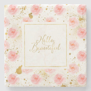 Posavasos De Piedra Salpicaduras de oro rosas rosadas Hola Hermosa