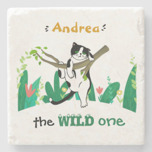 Posavasos De Piedra Salvaje Personalizado Un Tuxedo Gato Niños Primer