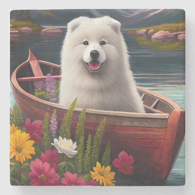 Posavasos De Piedra Samoyed on a Paddle: Una aventura panorámica (Anverso)