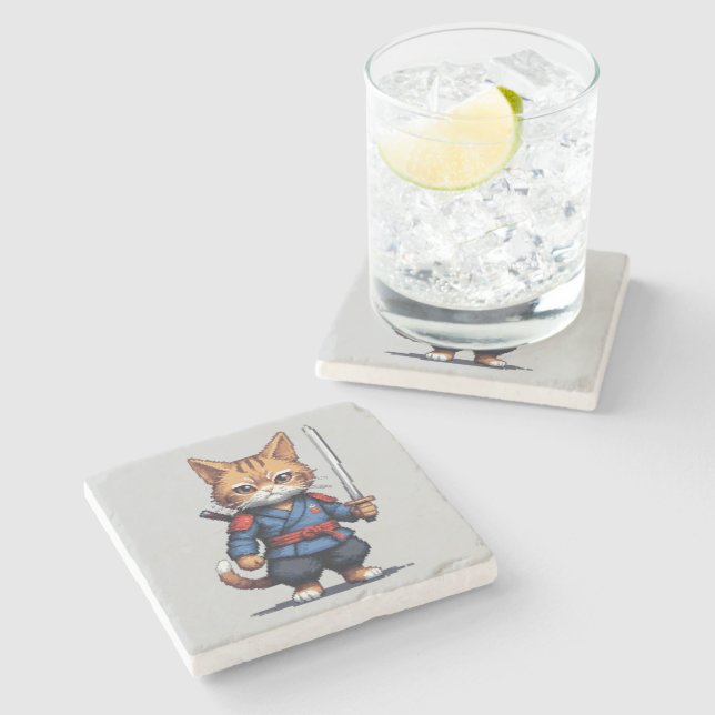 Posavasos De Piedra Samurai Cat Pixel Art (Lateral)